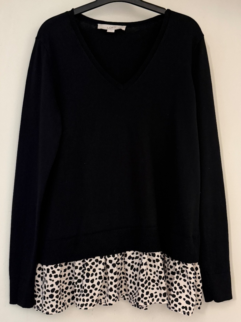 LOFT V-Neck Black Dotted Mixed Media Sweater - Size Medium